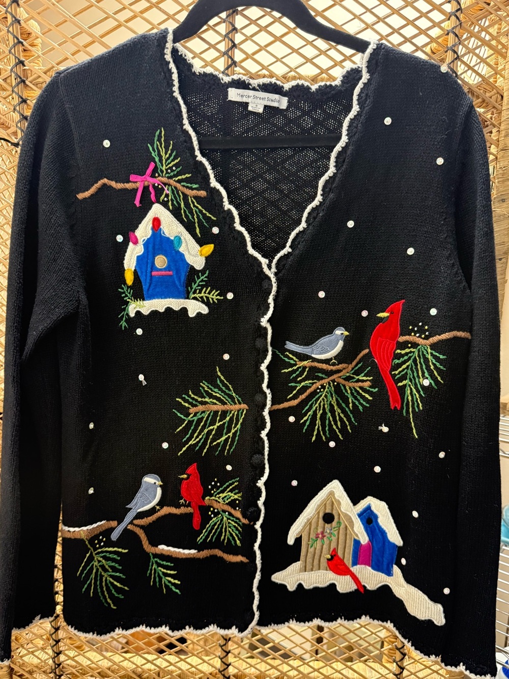 Mercer Street Studio Christmas Cardigan Black Bird Cardinal Sequin Small Holiday